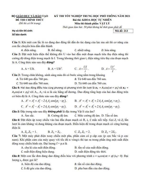 Chi tiết đề Lý 2021 THPT Quốc Gia năm 2023 (Có đáp án)