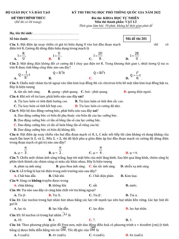 Chi tiết đề Lý 2022 – THPT Quốc gia có đáp án