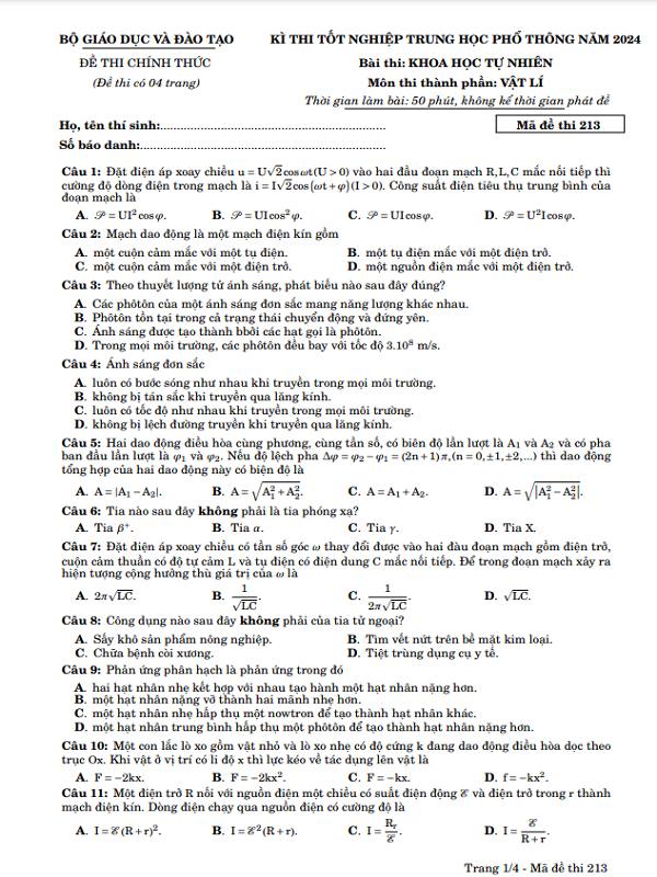 Tổng hợp đề Lý THPT Quốc Gia 2024 (kèm đáp án chi tiết)