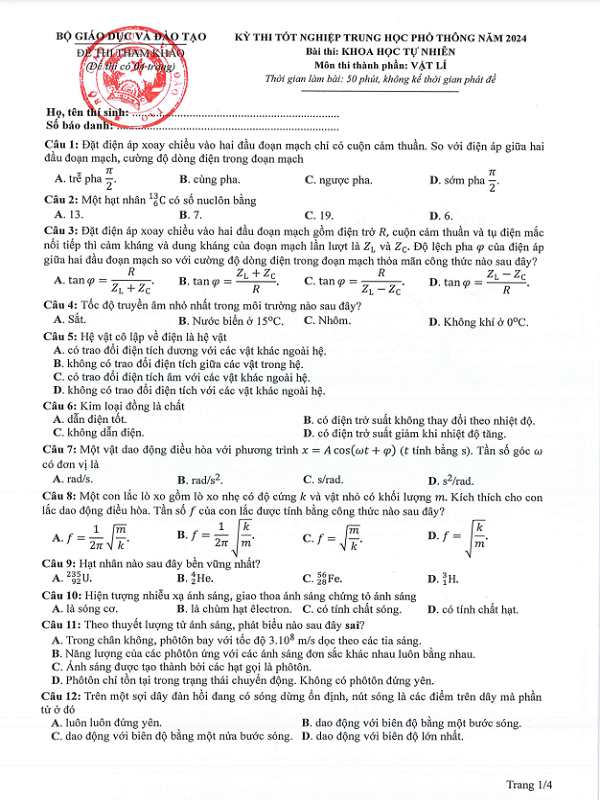 Tổng hợp đề minh hoạ Lý 2024 (Kèm đáp án chi tiết)