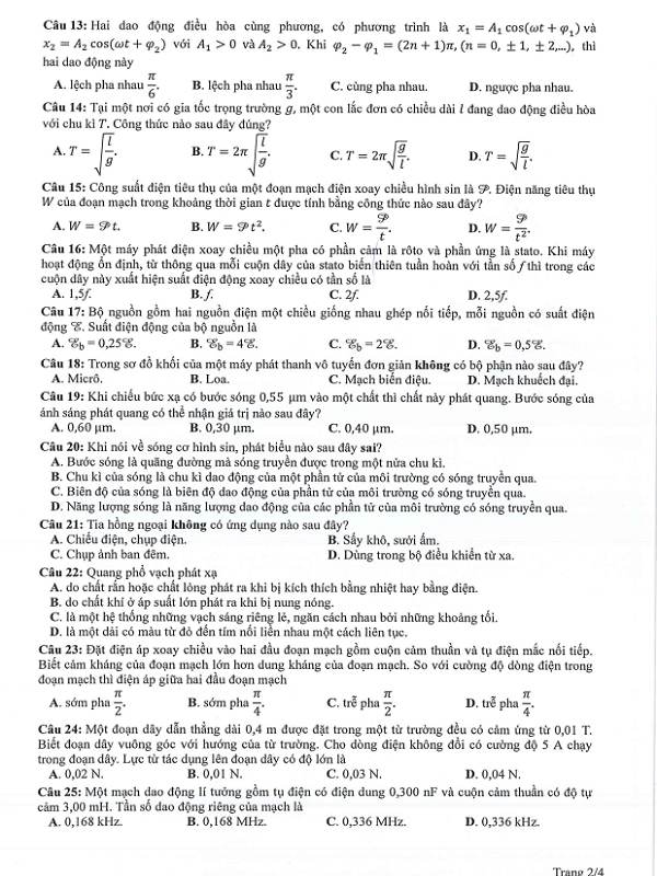 Đề minh họa vật lý 2024