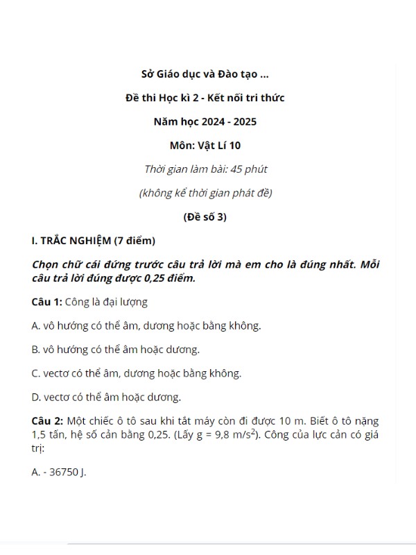 Trọn bộ đề thi cuối kì 2 Vật Lý 10 Kết nối tri thức có đáp án