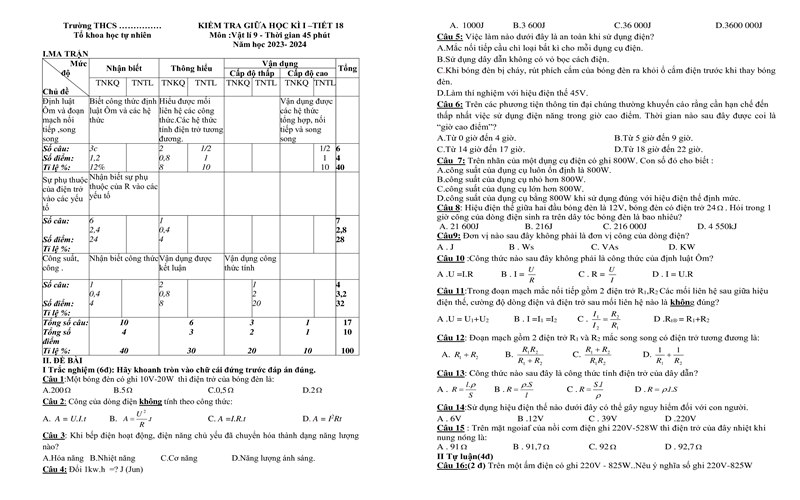 Tổng hợp bộ đề thi giữa kỳ 1 môn Vật lý lớp 9 kèm đáp án chi tiết