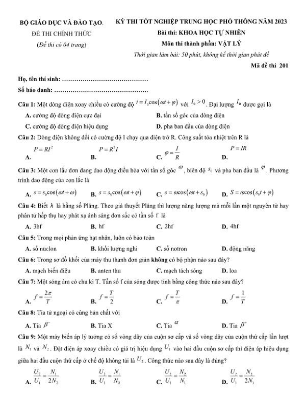 Tổng hợp đề Lý THPT Quốc Gia 2023 kèm đáp án