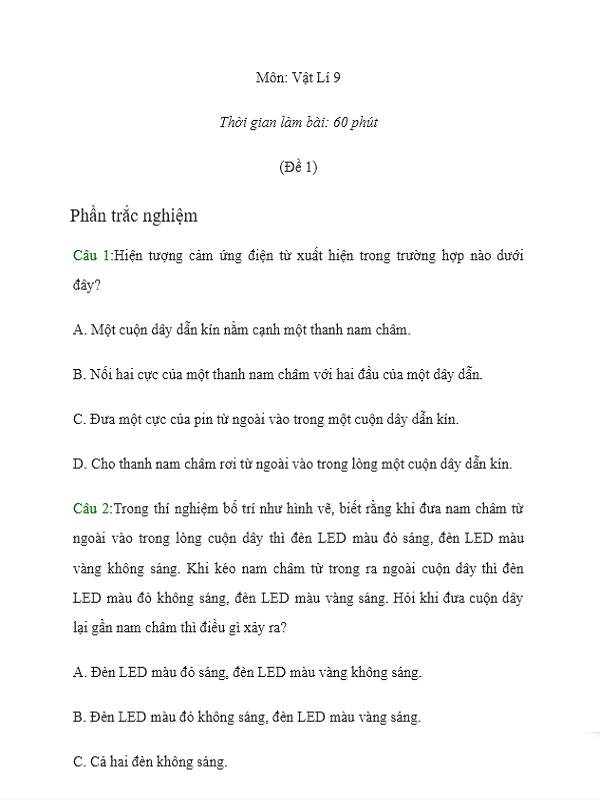 Tổng hợp đề thi Vật Lý 9 cuối kì 2 kèm đáp án hay nhất